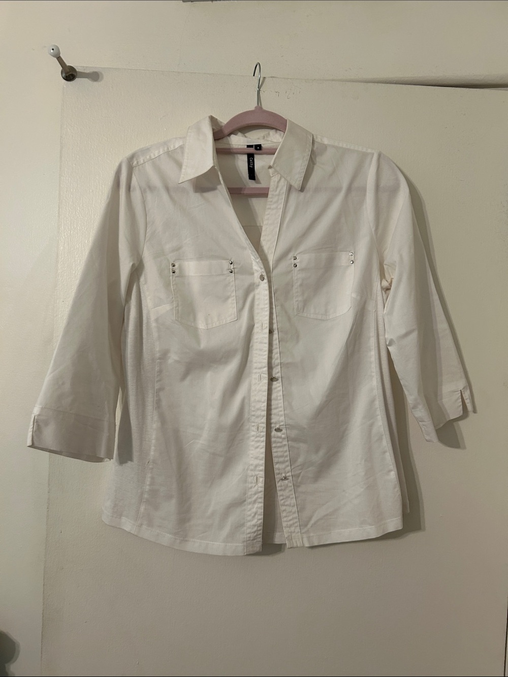 White Button-Up Shirt 3/4 Sleeve with Studded Pockets and Cooling Side Panels